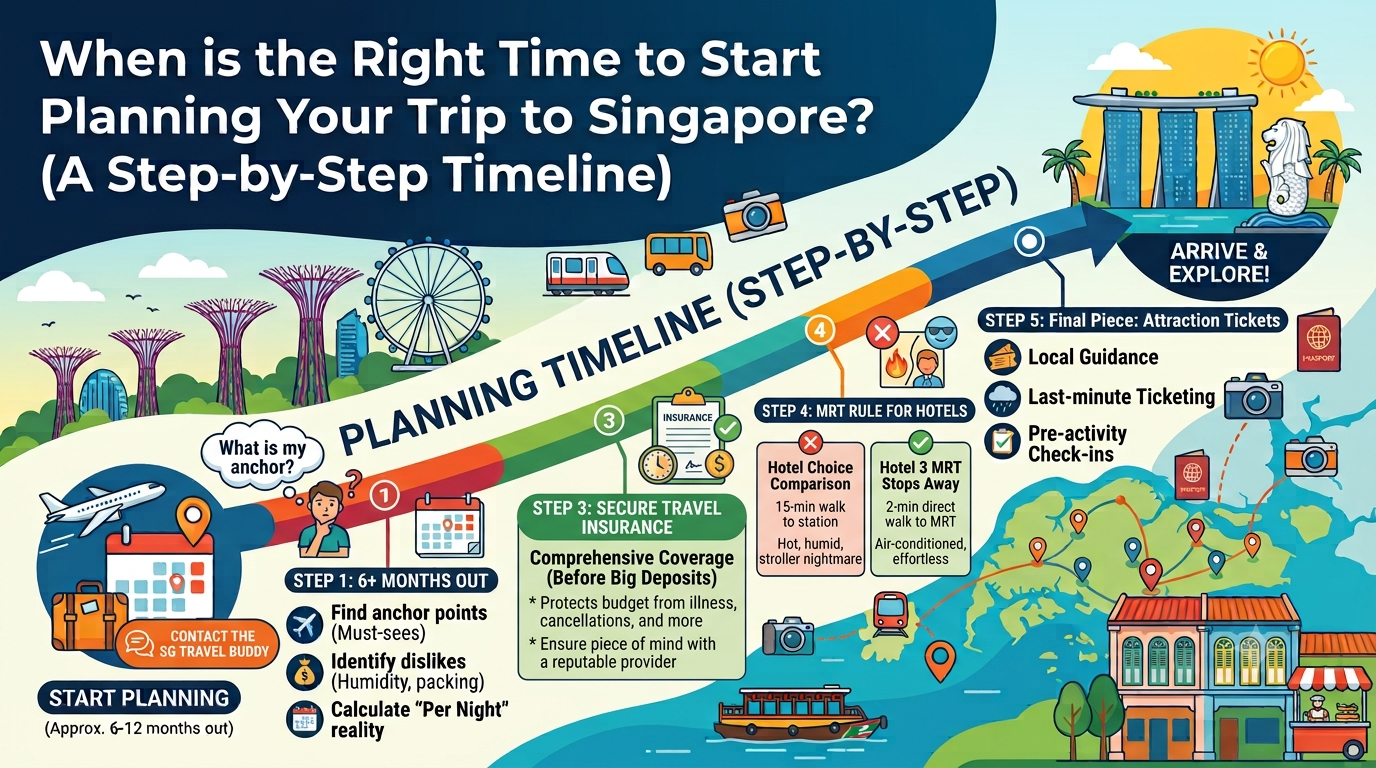 Infographic showing a step-by-step planning timeline for a trip to Singapore, from finding anchor points to booking attraction tickets